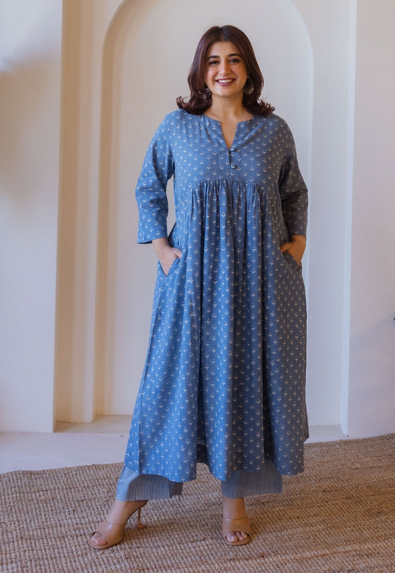 Apurva Blue Cotton Ajrakh A Line Kurta