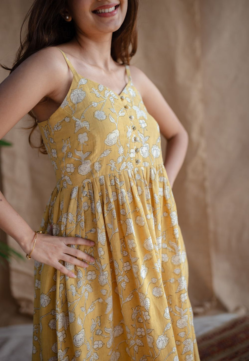 Eliya Yellow A Line Dabu Slub Cotton Dress