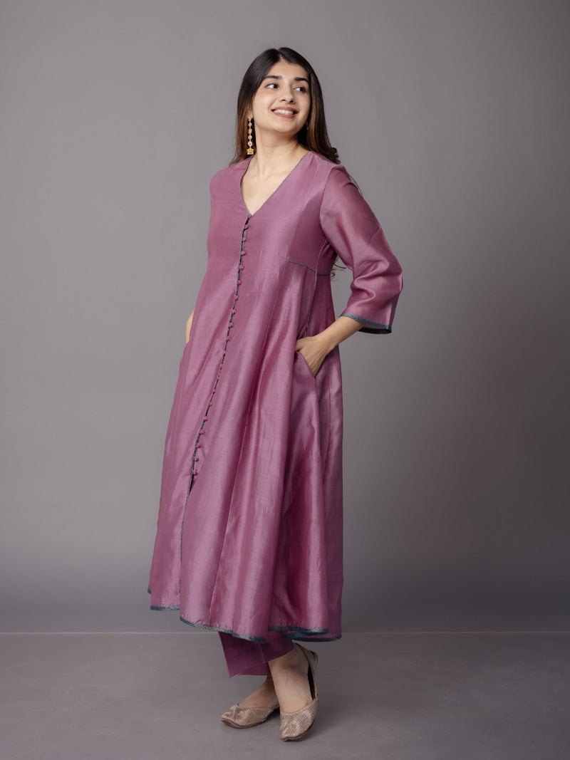 Deepa Purple Solid Chanderi Silk Kali Kurta with Hand Embroidery