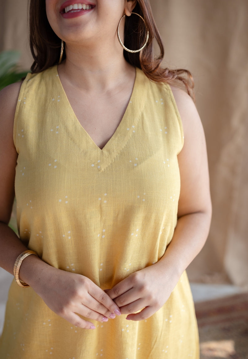 Mariam Yellow A Line Dabu Slub Cotton Dress