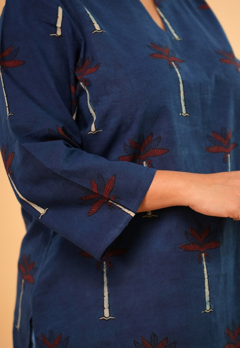 Mishel Blue Ajrakh Cotton Straight Short Top