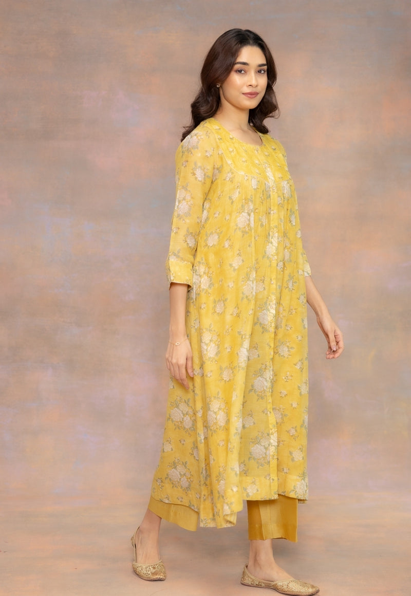 Rosa Yellow Sanganeri Chanderi Silk A Line Kurta with Hand Embroidery and Slip