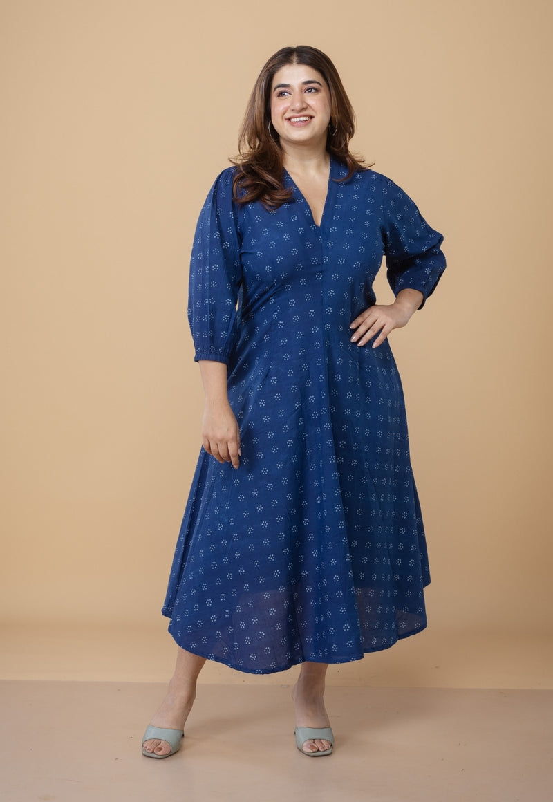 Eyza Blue Dabu Cotton A Line Dress