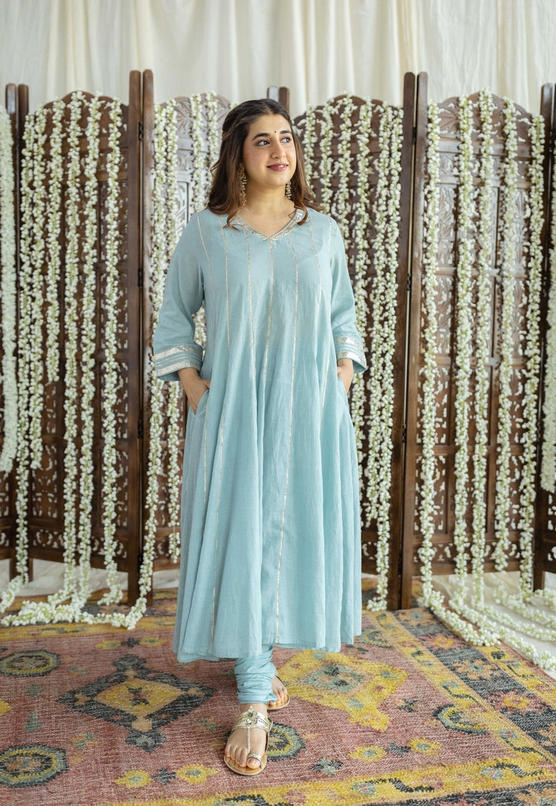 Advika Mulmul Cotton Powder Blue Kali Kurta Set (Set of 3)