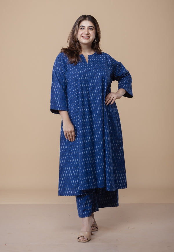 Nyra Blue Ikkat Cotton Jhabba Kali Co-Ord Set