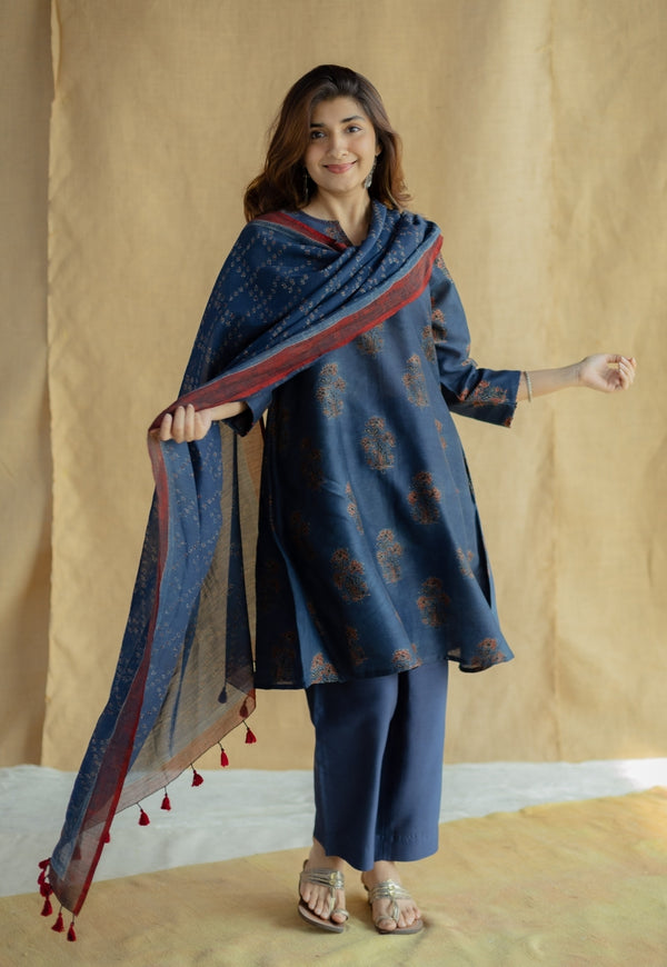 Indigo Floral Line Ajrakh Chanderi Silk Dupatta