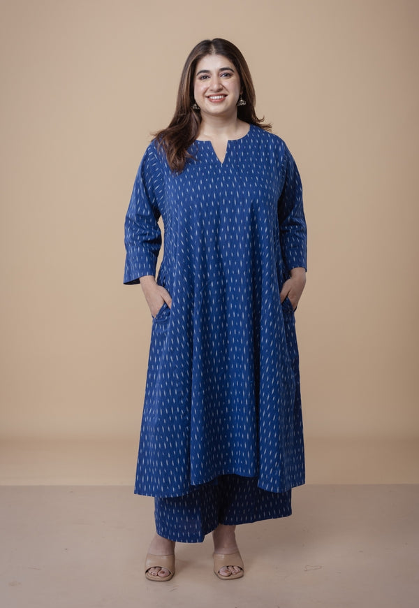 Nyra Blue Ikkat Cotton Jhabba Kali Co-Ord Set