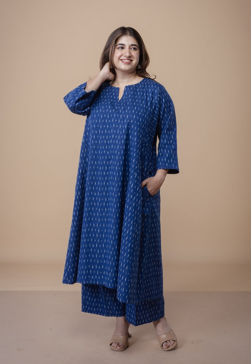 Nyra Blue Ikkat Cotton Jhabba Kali Co-Ord Set