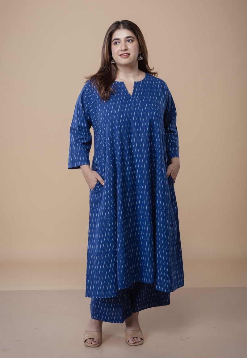 Nyra Blue Ikkat Cotton Jhabba Kali Co-Ord Set