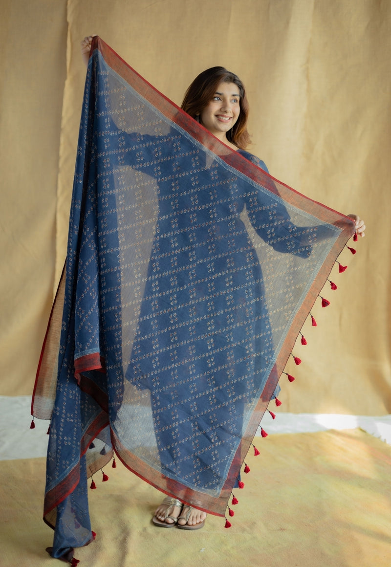 Indigo Floral Line Ajrakh Chanderi Silk Dupatta