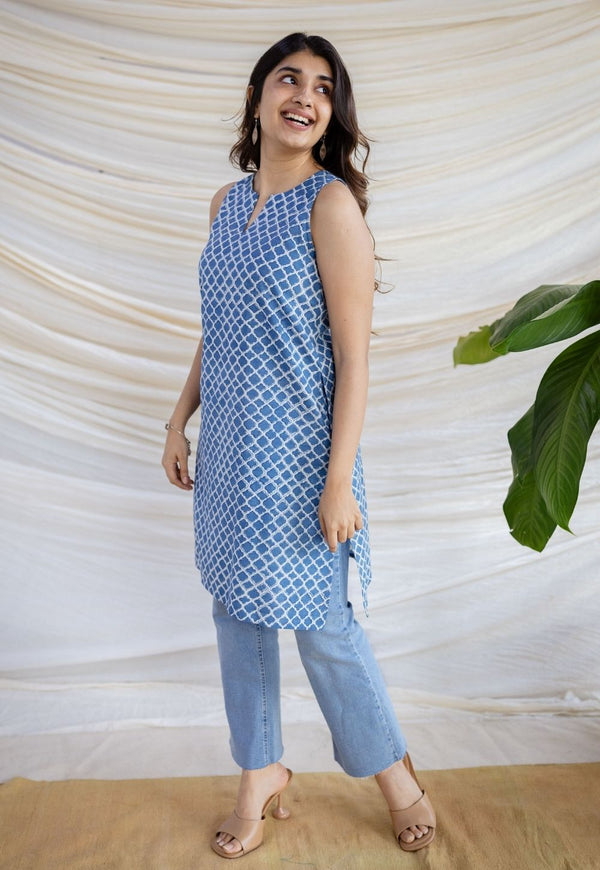 Anaya Indigo Dabu Cotton Straight Kurta