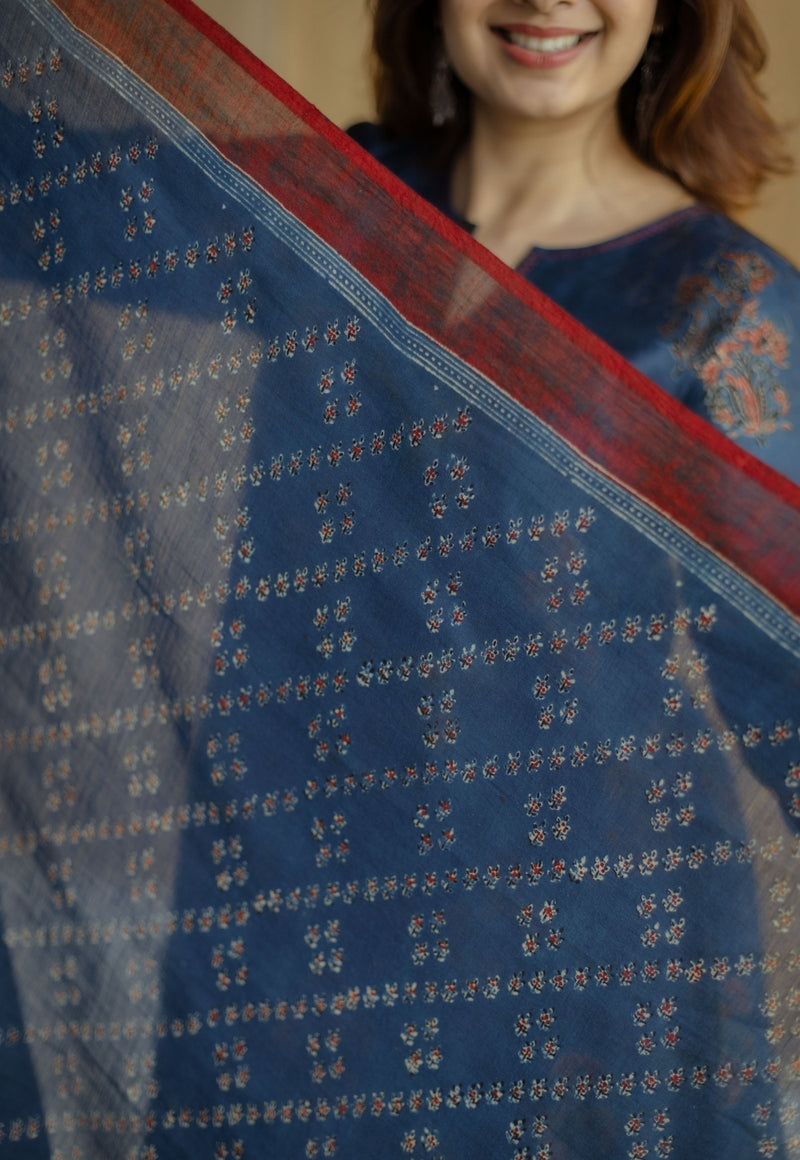 Indigo Floral Line Ajrakh Chanderi Silk Dupatta