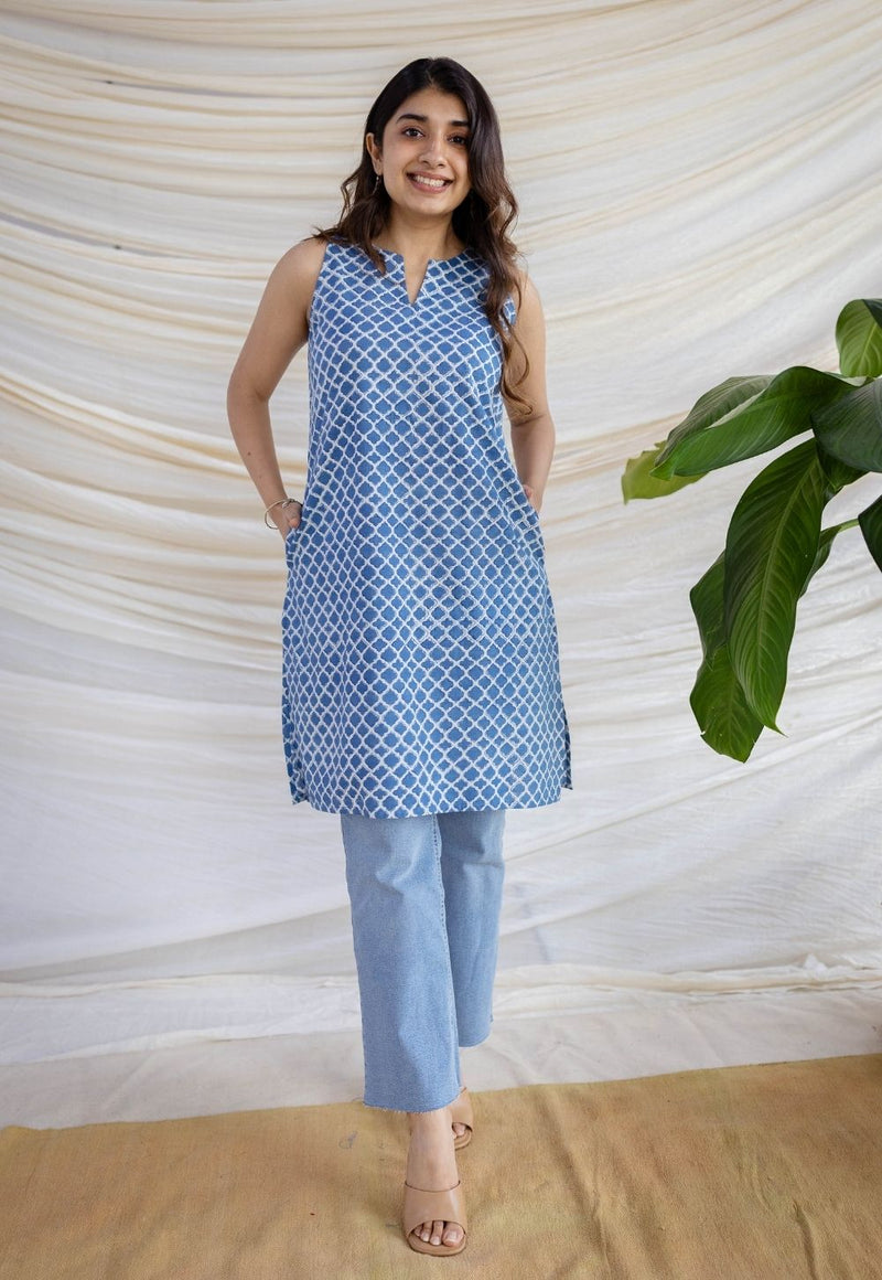 Anaya Indigo Dabu Cotton Straight Kurta