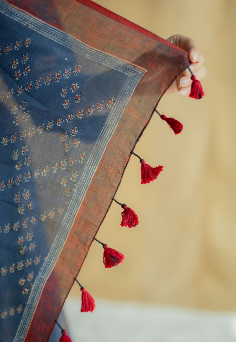 Indigo Floral Line Ajrakh Chanderi Silk Dupatta