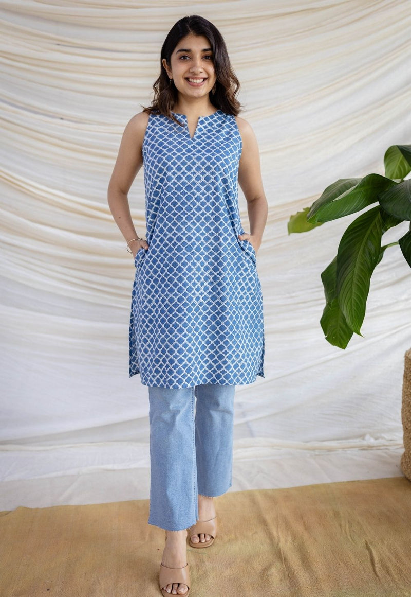 Anaya Indigo Dabu Cotton Straight Kurta