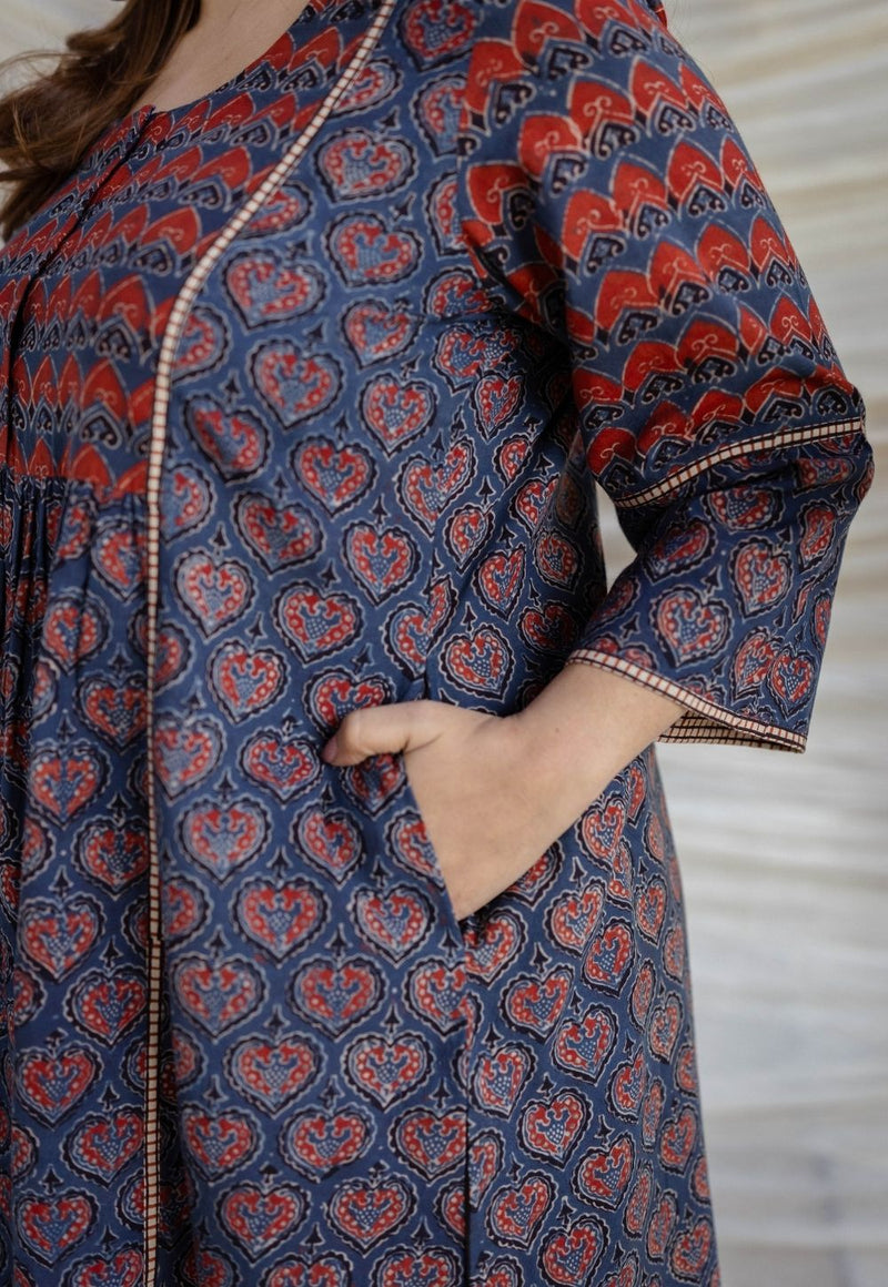 Divyathi Navy Blue Ajrakh Cotton A Line Kurta