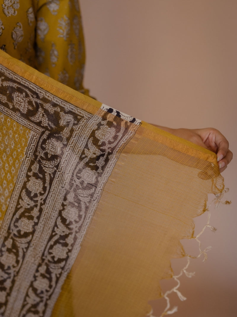 Yellow Butti Bagru Kota Doria Cotton Dupatta