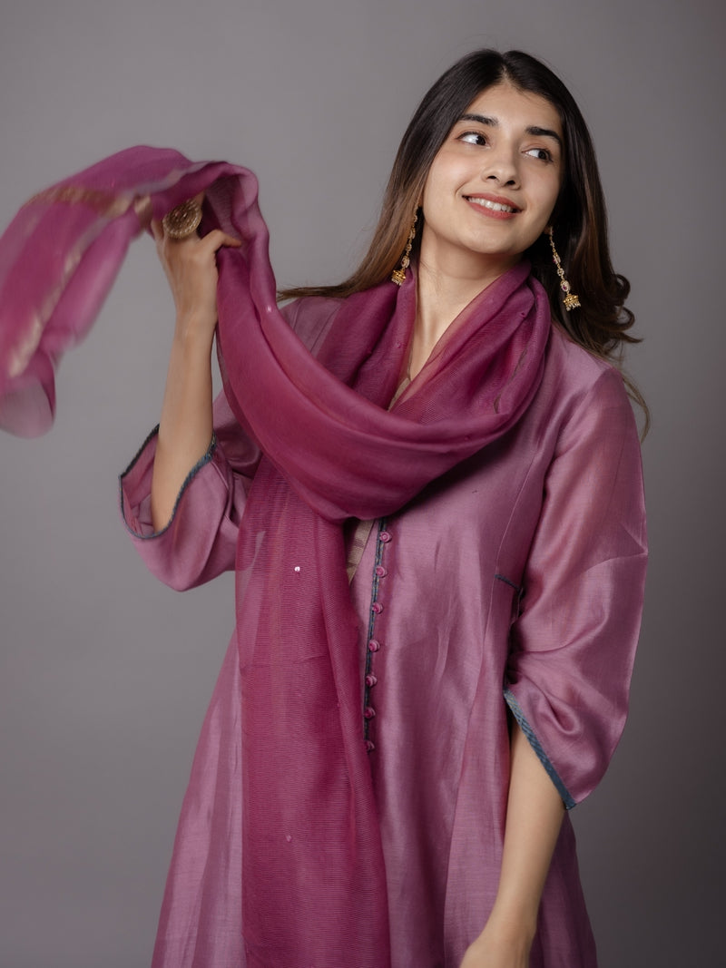 Deepa Purple Solid Chanderi Silk Kali Kurta with Hand Embroidery