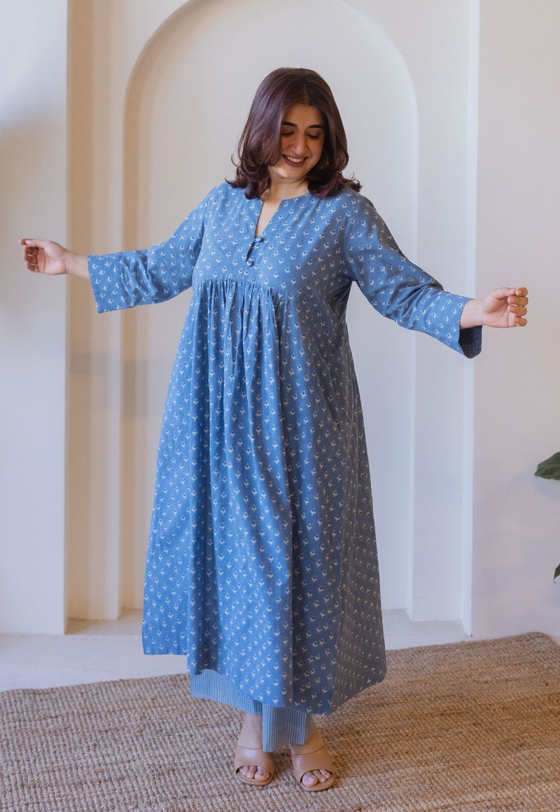 Apurva Blue Cotton Ajrakh A Line Kurta