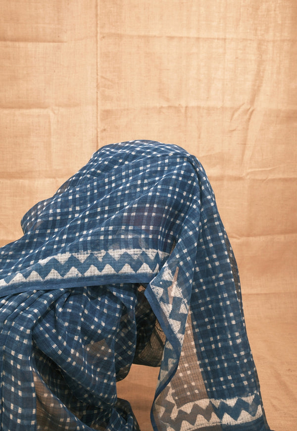 Blue Checks Dabu Hand Block Print Kota Doria Saree