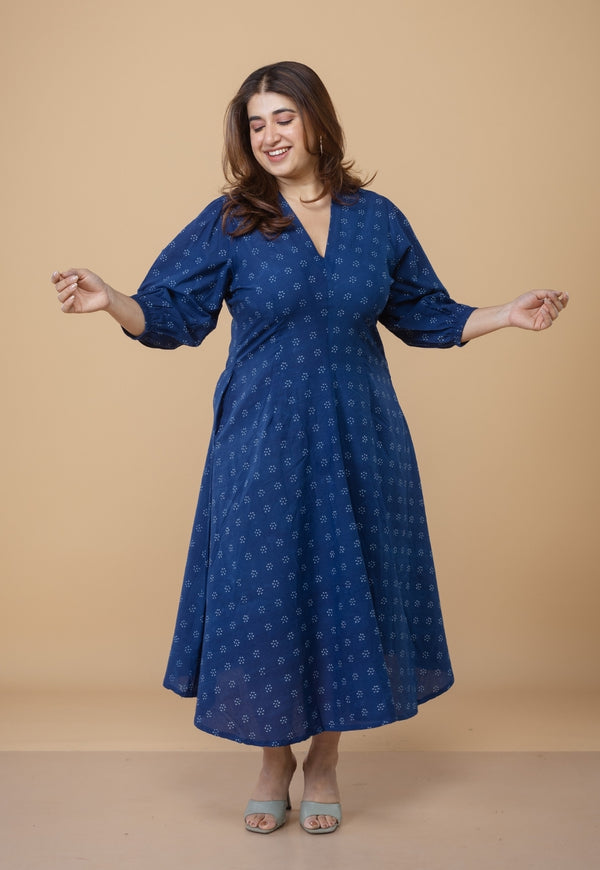 Eyza Blue Dabu Cotton A Line Dress