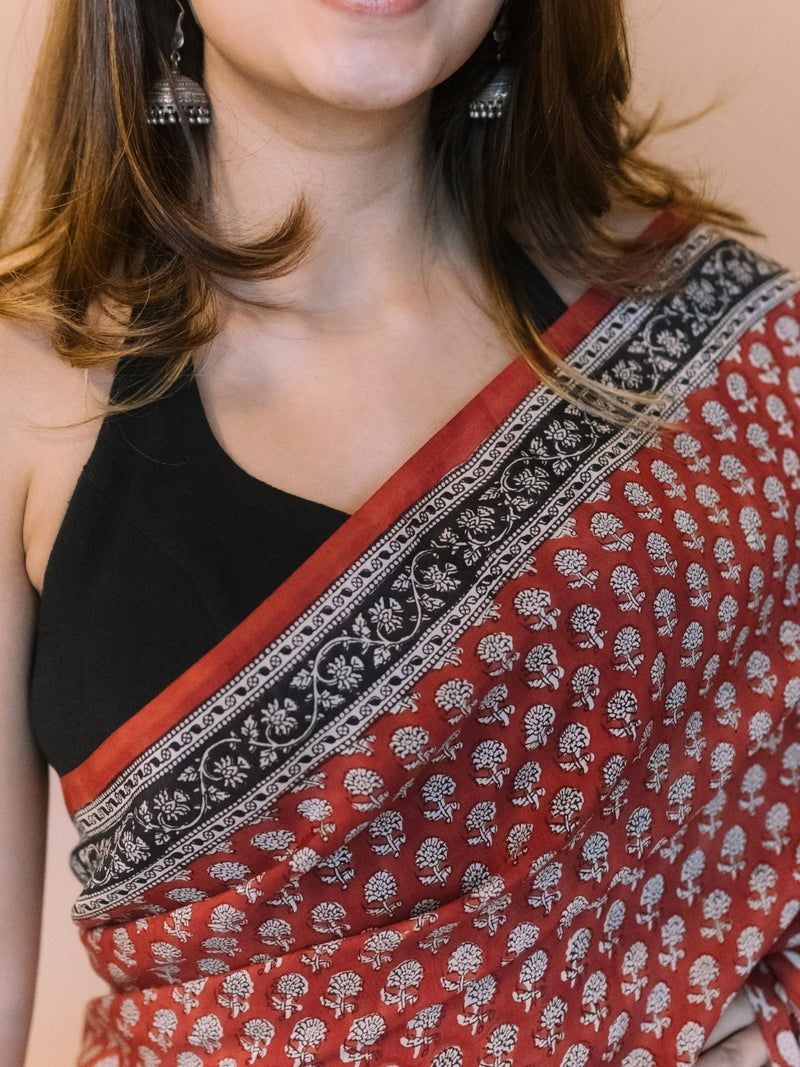 Red Butti Bagru Hand Block Print Modal Saree