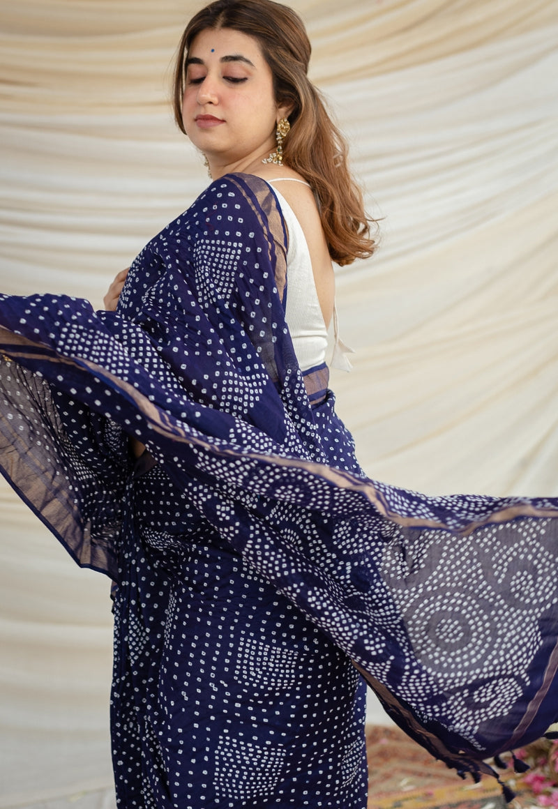 Indigo Blue Bandhani Cotton Silk Saree