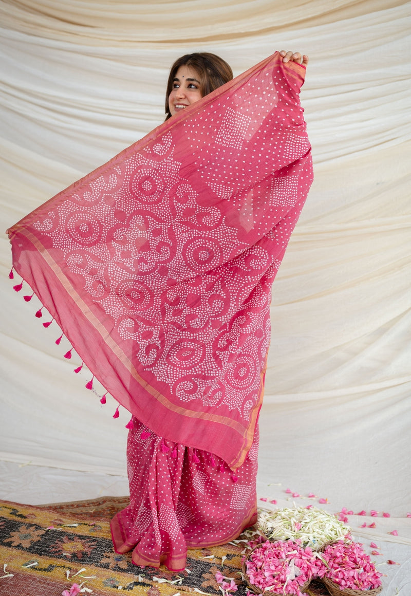 Pink Bandhani Cotton Silk Saree