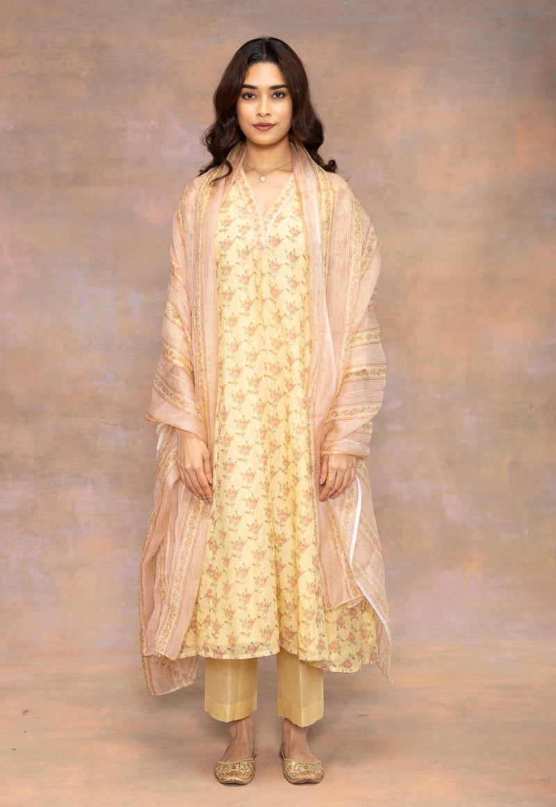 Rosa Yellow Sanganeri Chanderi Silk Kali Kurta