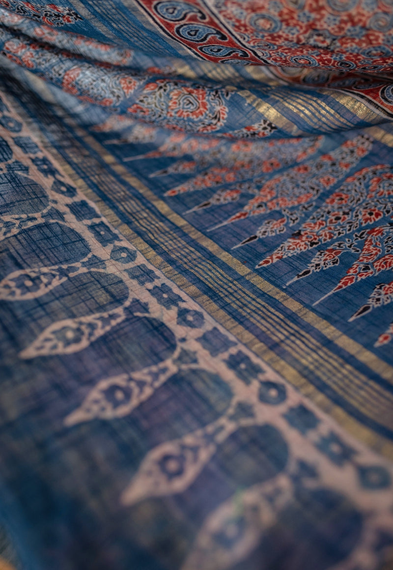 Blue Ajrakh Hand Block Printed Linen Saree