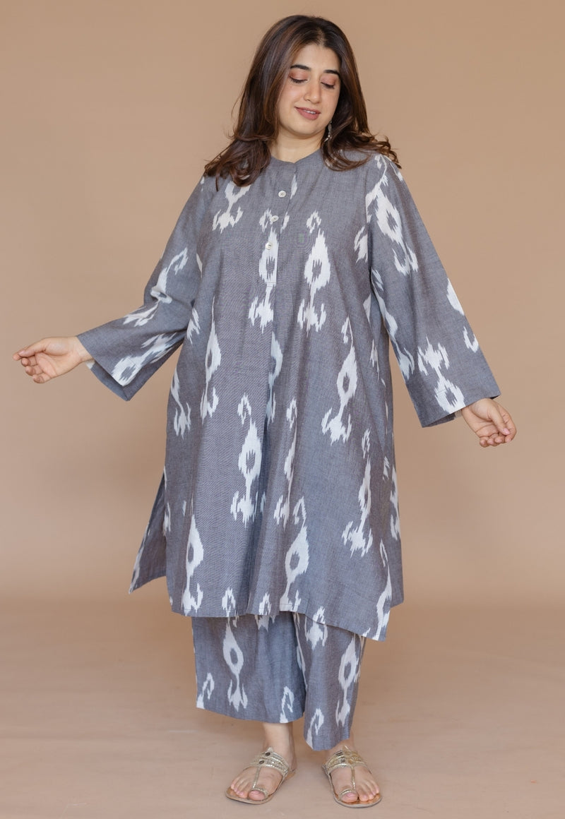 Ayaat Grey Handloom Ikkat Cotton Straight Kurta