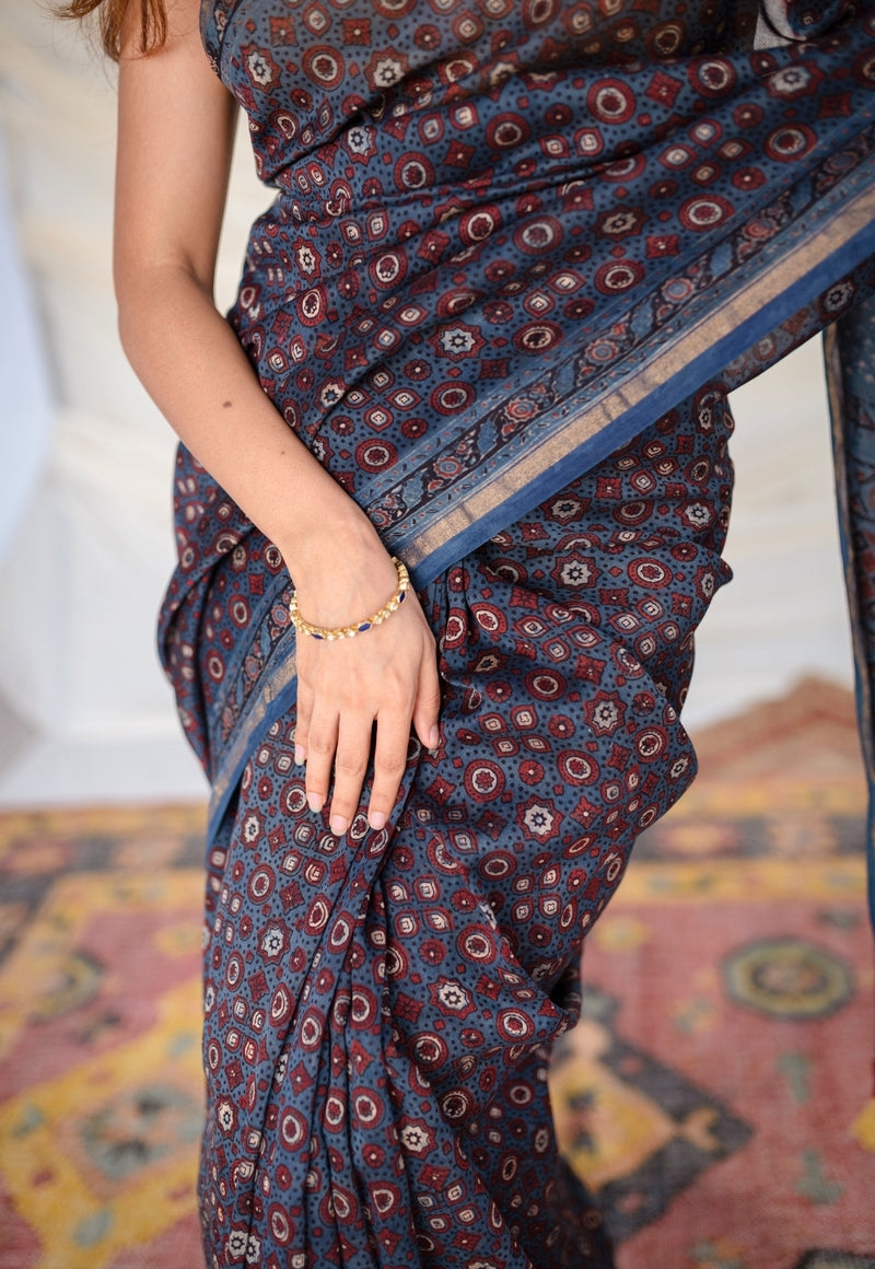 Blue Ajrakh Hand Block Printed Chanderi Silk saree