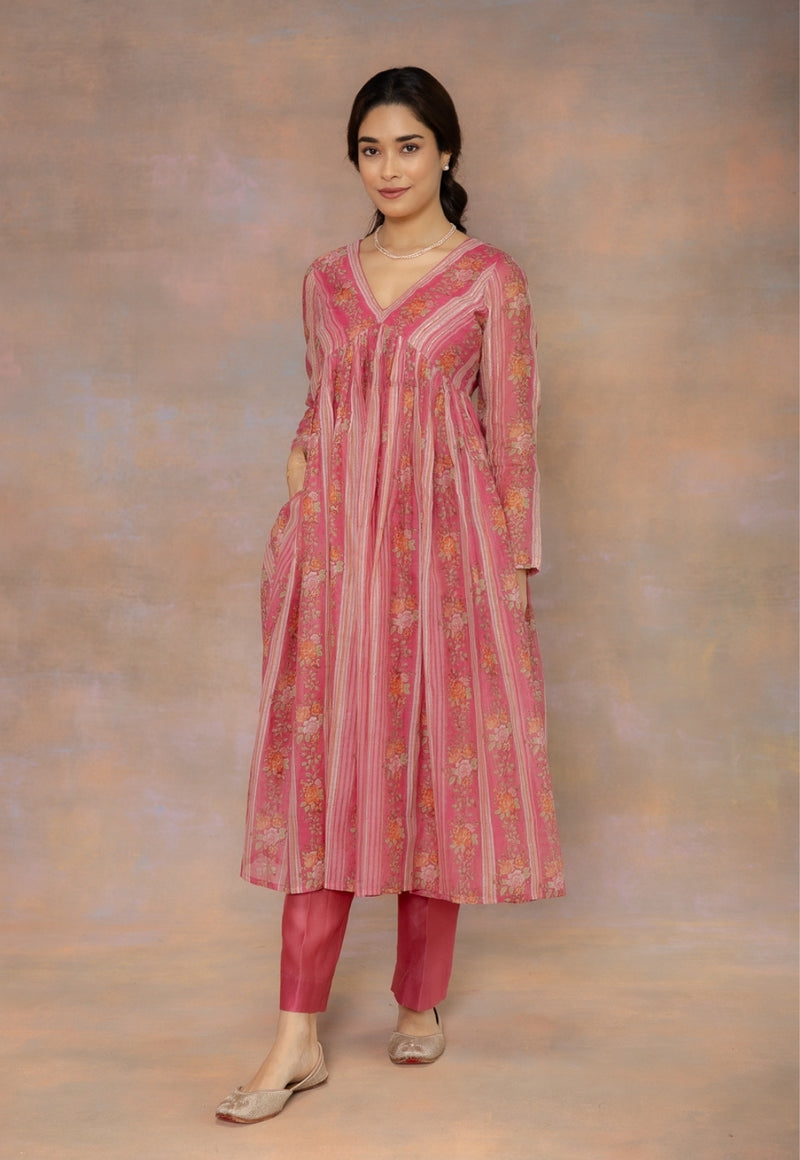 Rooz Pink Sanganeri Chanderi Silk A Line Kurta with Lace Detailing