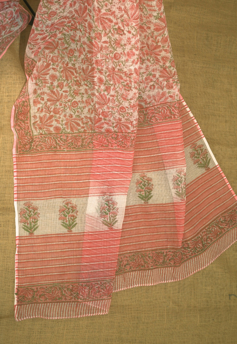 Pink Floral Sanganeri Hand Block Print Kota Doria Saree