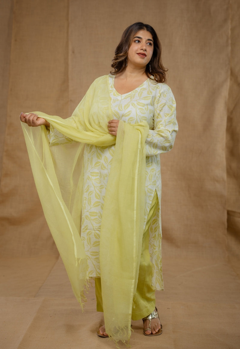 Aarushi Green Hand Block Print Slub Cotton Straight Kurta