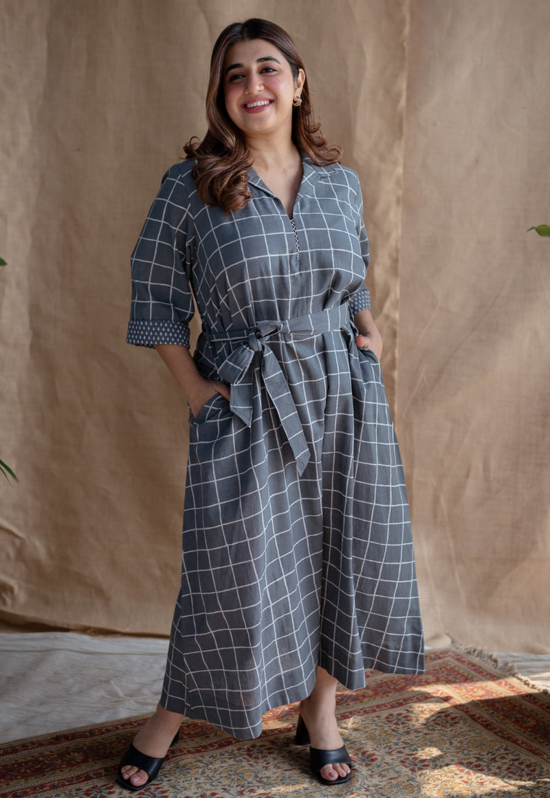 Alzira Grey Dabu Slub Cotton A Line Dress with Embroidery