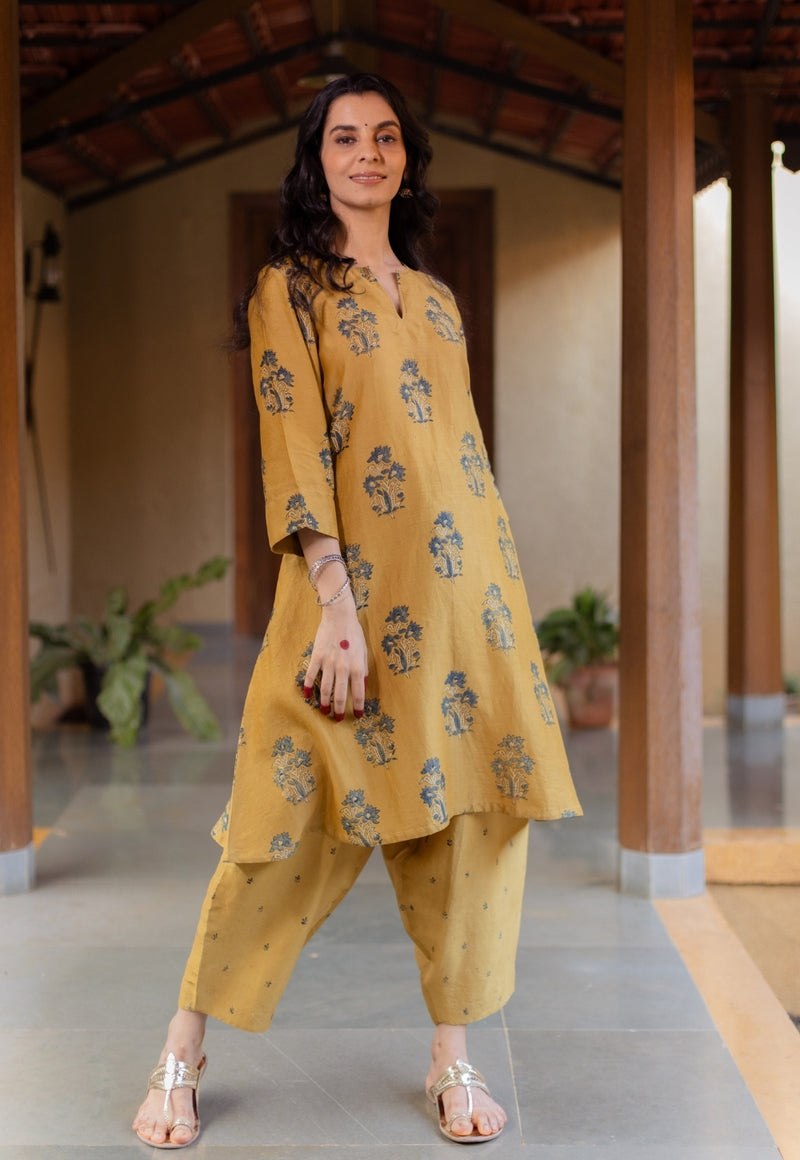 Daksha Mustard Ajrakh Chanderi Silk A Line Kurta with Hand Embroidery