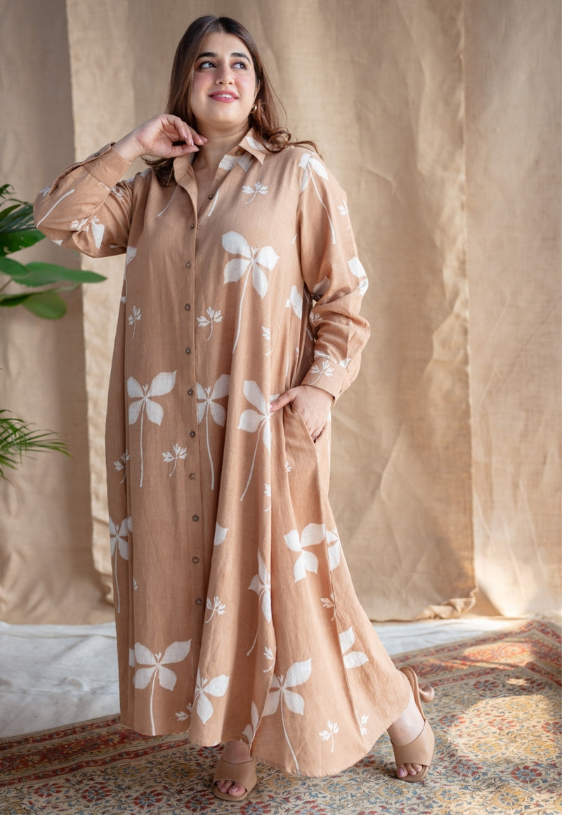 Trusha Light Brown A Line Dabu Slub Cotton Dress