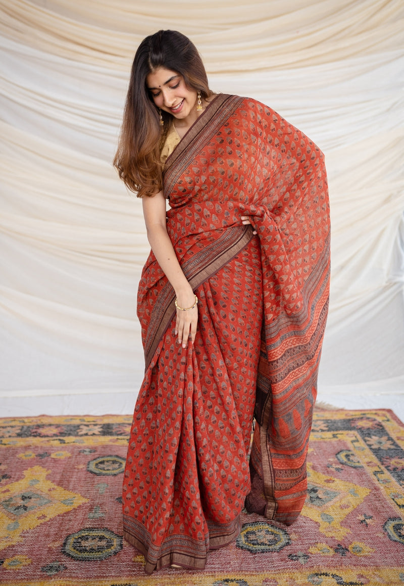 Red Ajrakh Hand Block Printed Linen saree