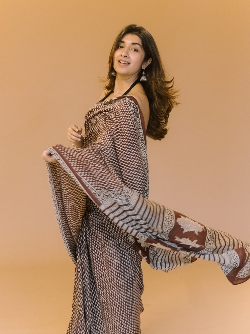 Black Butti Bagru Hand Block Print Modal Saree