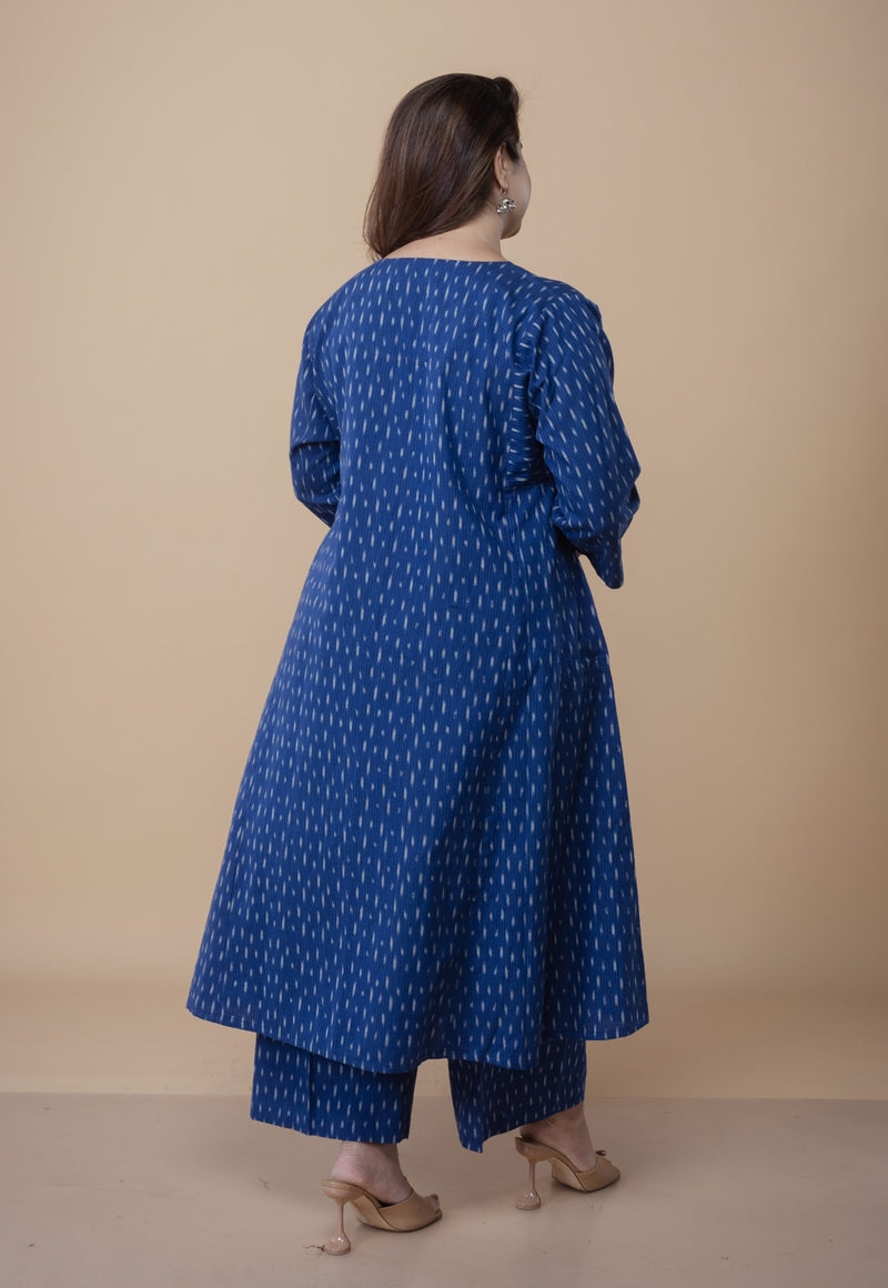 Nyra Blue Ikkat Cotton Jhabba Kali Co-Ord Set