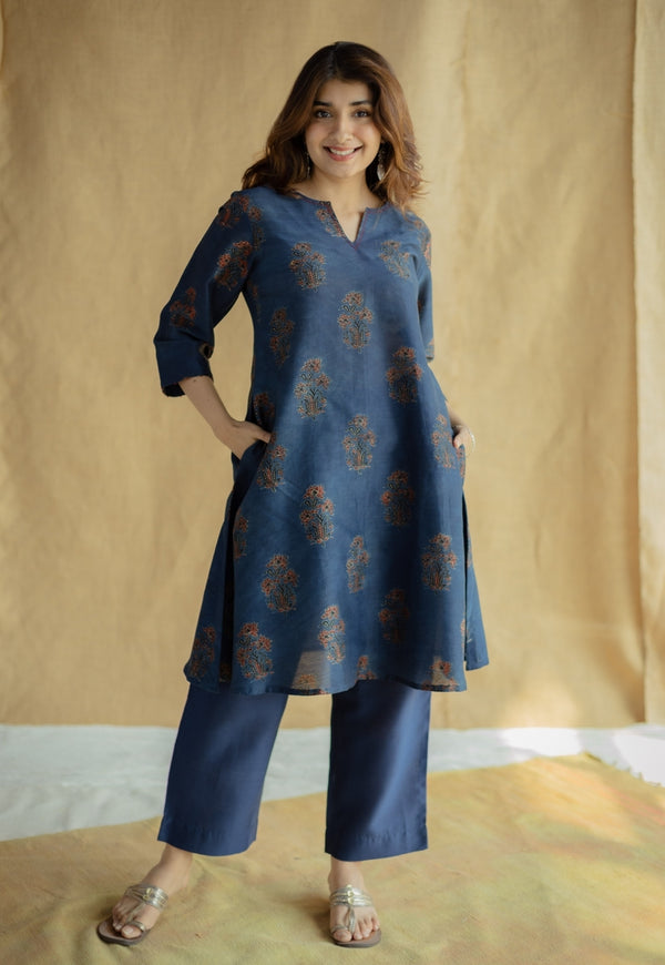 Daksha Dark Indigo Ajrakh Chanderi Silk A Line Kurta with Hand Embroidery