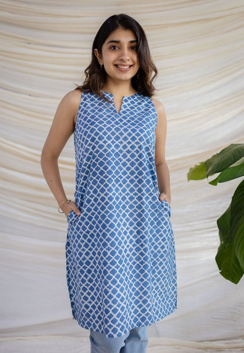 Anaya Indigo Dabu Cotton Straight Kurta