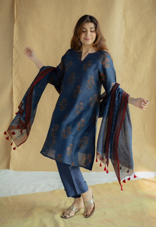 Daksha Dark Indigo Ajrakh Chanderi Silk A Line Kurta with Hand Embroidery