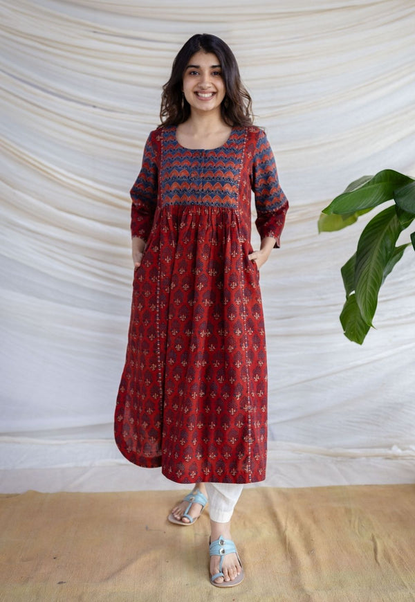 Divyathi Maroon Ajrakh Cotton A Line Kurta