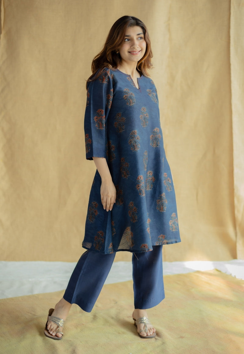 Daksha Dark Indigo Ajrakh Chanderi Silk A Line Kurta with Hand Embroidery