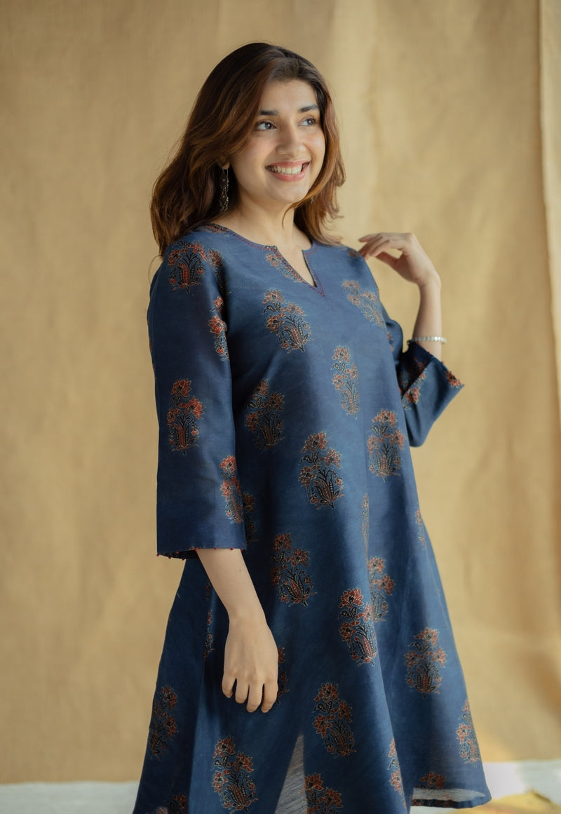 Daksha Dark Indigo Ajrakh Chanderi Silk A Line Kurta with Hand Embroidery