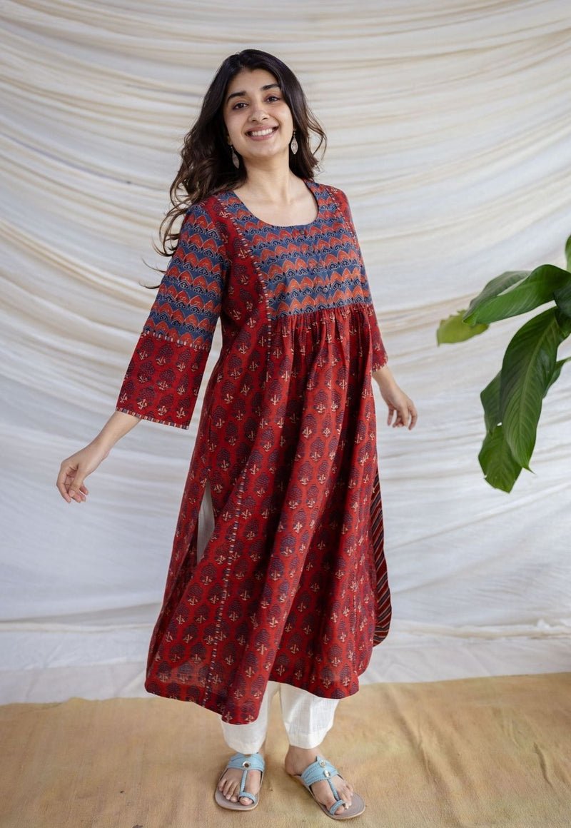 Divyathi Maroon Ajrakh Cotton A Line Kurta