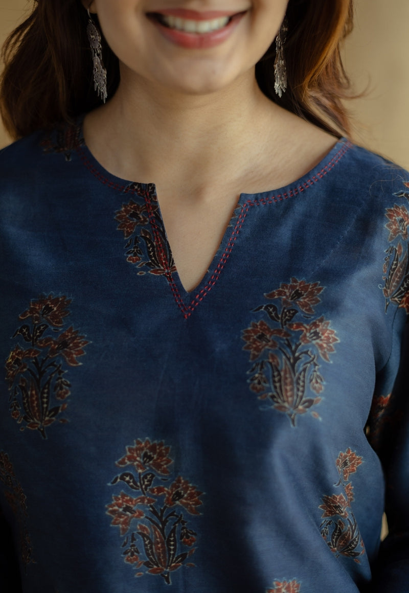 Daksha Dark Indigo Ajrakh Chanderi Silk A Line Kurta with Hand Embroidery