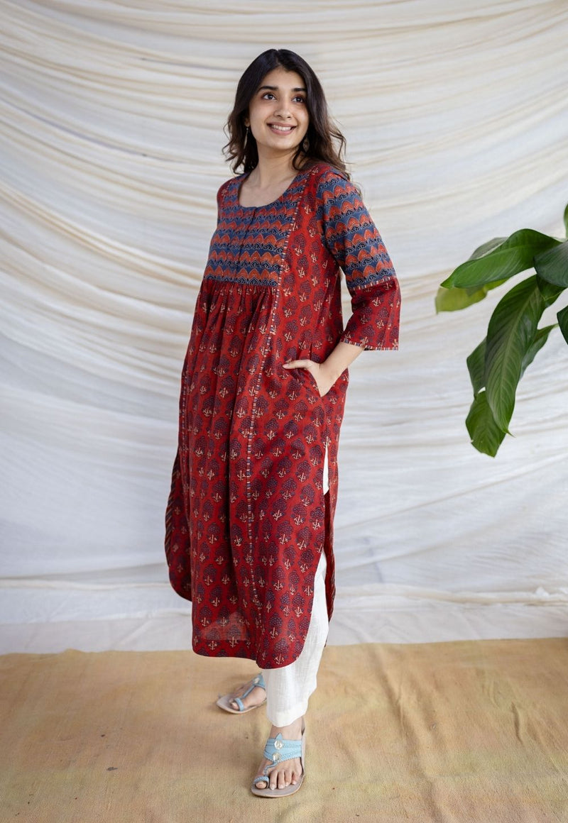 Divyathi Maroon Ajrakh Cotton A Line Kurta